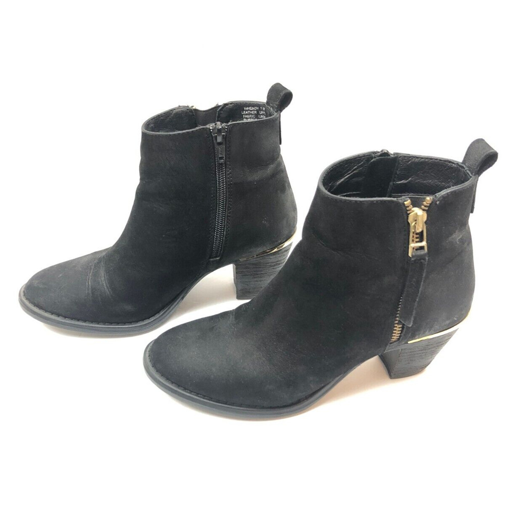 Steve Madden Boots Black Suede Leather Bootie Wood Block Heel 7.5 Gold‎ Details - Picture 2 of 11